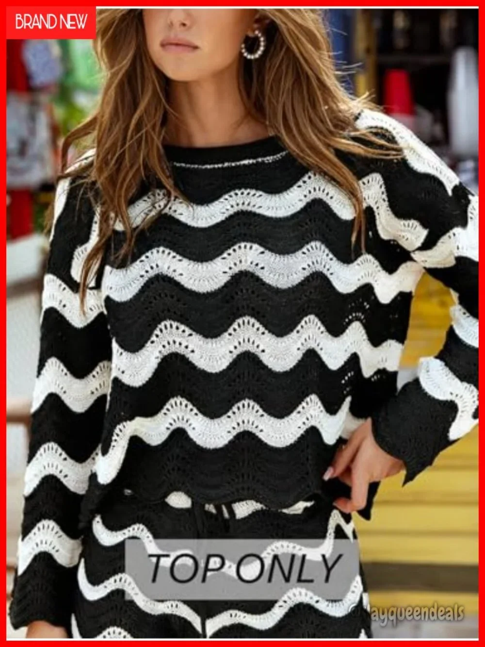 Crochet Long Sleeve Striped Beach Cover Up Top